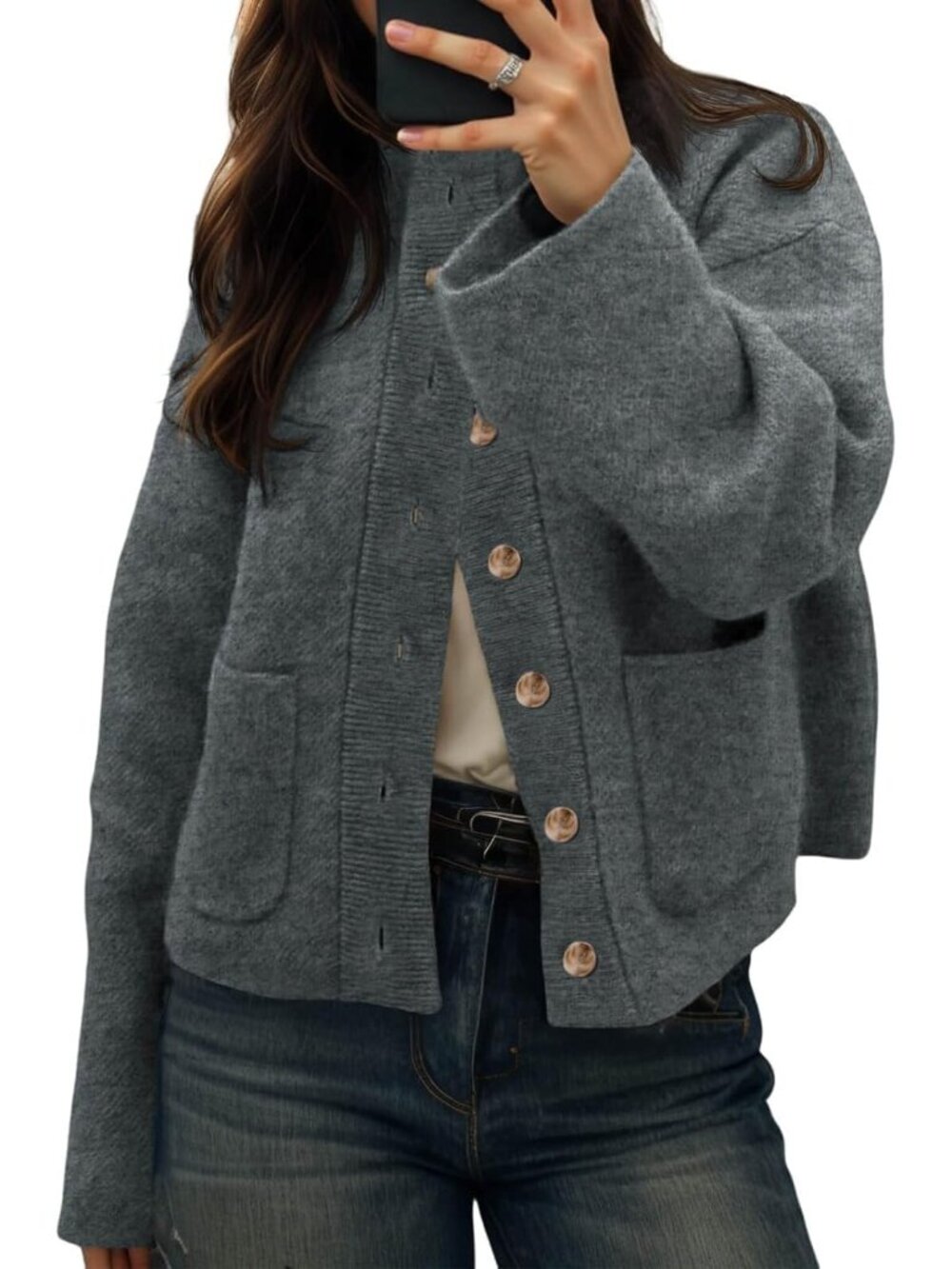 Women Dark Grey Mock Neck Chunky Knit Button-down Patch Pockets Cozy Jacket